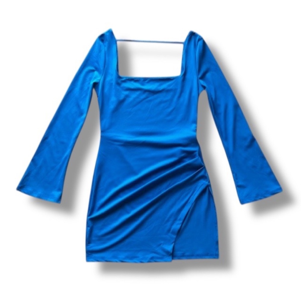 Shein Bae Blue Square Neck Split Thigh Bodycon Mini Dress Size S